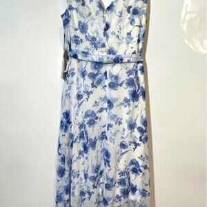 ✨ NWT Karl Lagerfeld Women's White Blue Floral V-Neck A-Line Dress Sz 2